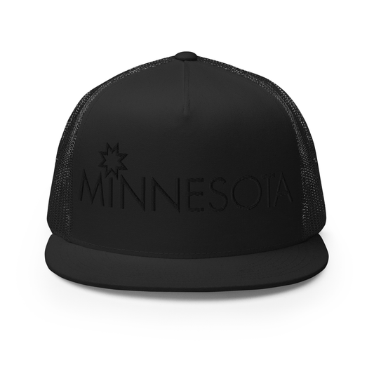 This snapback hat is black and has a black embroidery design that says  "Minnesota." There is an 8-point star above the "I." The design is clean, simple, and bold.